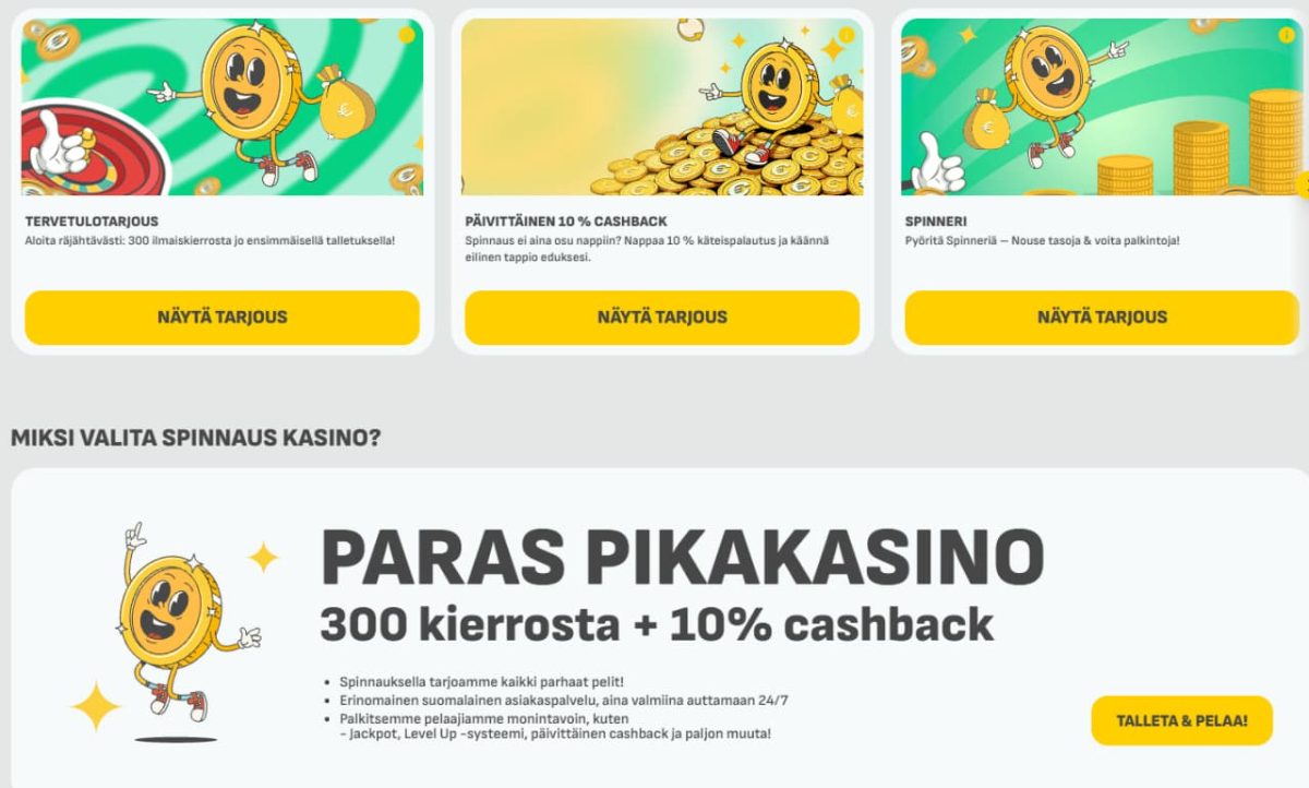 Spinnaus Casino Bonukset | 300 Ilmaiskierrosta ja Cashback image 1
